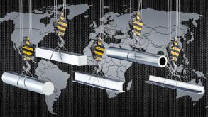 Worldwide trade of rolled metal products concept, 3D rendering isolated on white background