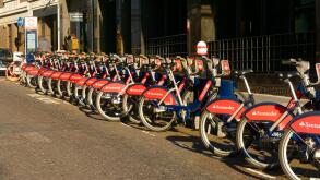 Santander rental bikes in a London street, London, United Kingdom.