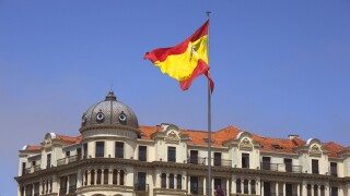 The Spanish national flag flying in Santander, Spain.