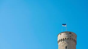 Estonia flag tallinn, view of the flag of Estonia on top of the Pikk Hermann tower on Toompea Hill in the center of Tallinn, Estonia.