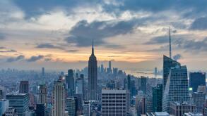 New York skyline from the top of  the Rock (Rockefeller Center)sunset view in Winter with clouds in the sky