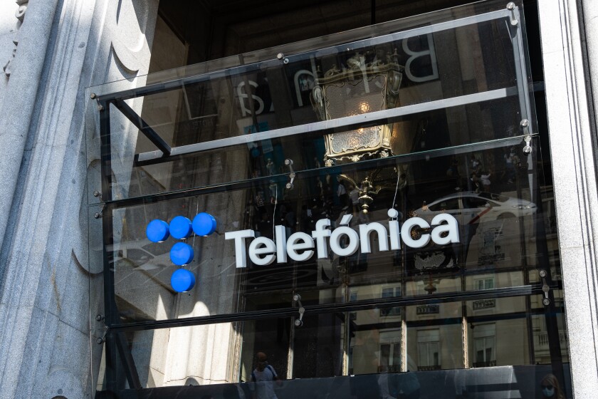 Telefonica telecommunication Company Sign on the facade of building