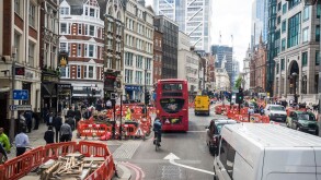 Traffic and roadworks on Liverpool Street, East London, UK