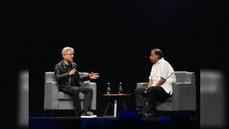 Nvidia CEO Jensen Huang in a fireside chat with Mukesh Ambani, chair of Reliance Industries
