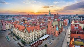 Wroclaw, Poland. Aerial view of Rynek square with historic gothic Town Hall on sunrise