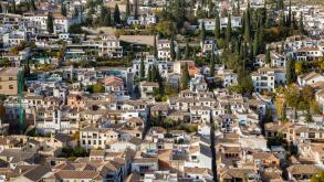 High angle view of Spanish houses and streets in Granada, Spain
