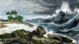Tsunami wave breaking on the shore of Hawaii 1800s. Hand-colored woodcut