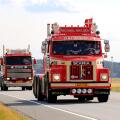 LUOPAJARVI, FINLAND - AUGUST 9, 2018: Classic Scania LS 141 1978 of Michael Nielsen and more oldtimer trucks in truck convoy to Power Truck Show 2018.