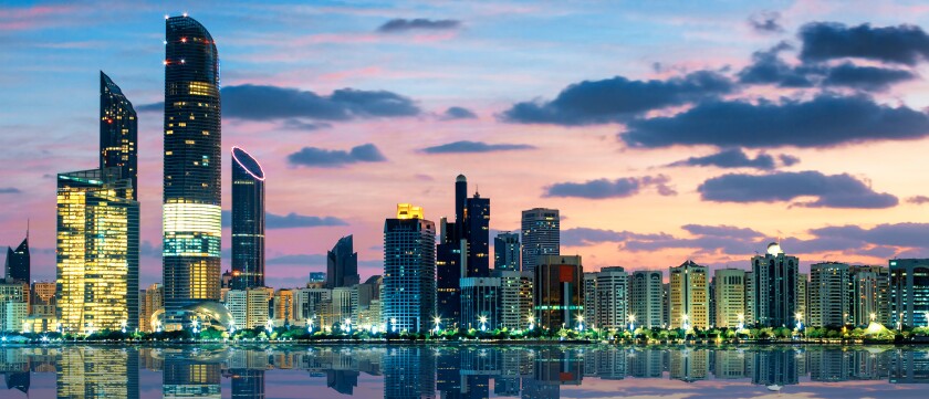 View of Abu Dhabi Skyline at sunset