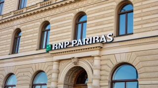 STOCKHOLM, SWEDEN - APRIL 18, 2019: The entrance to BNP Paribas international bank branch in an very old building