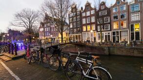 Evening view of Brouwersgracht canal and traditional old Dutch houses  in evening in Amsterdam, Netherlands