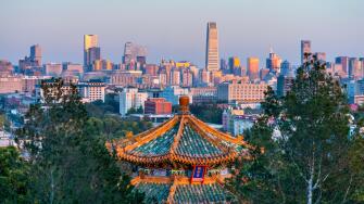 China, Beijing, Jingshan Park, Pavillion and Modern Chaoyang District skyline beyond