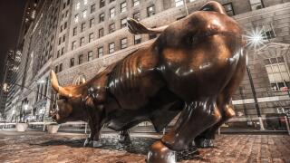 Wall street bull at night