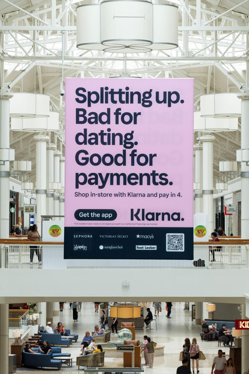 A large sized clever advertisement for Klarna Bank, Swedish fintech company that provides online financial services. Inside the Danbury Fair Mall.