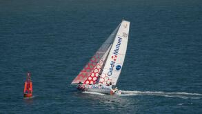Barcelona, Catalonia, Spain, September 10 2025 ,Sailing Yacht With Credit Mutuel Sails Near Red Buoy On Open Ocean Adventure During Race