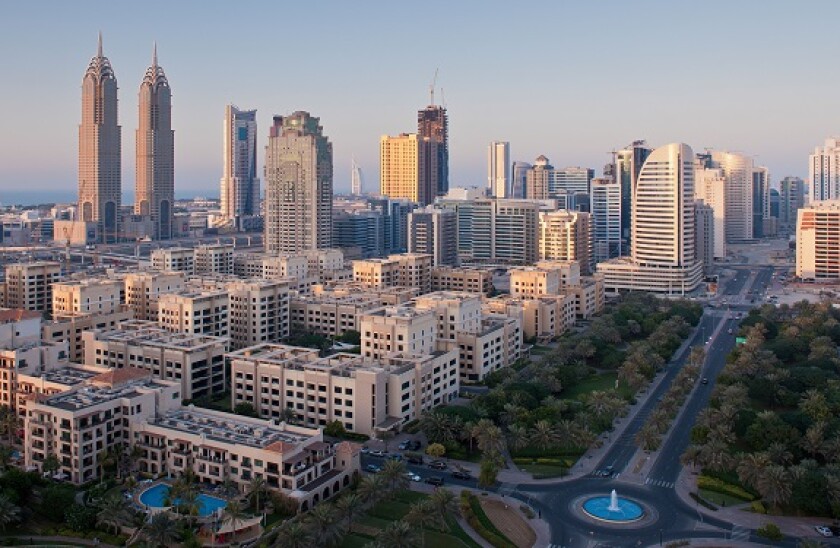 View of TECOM area at sunset, New Dubai, UAE