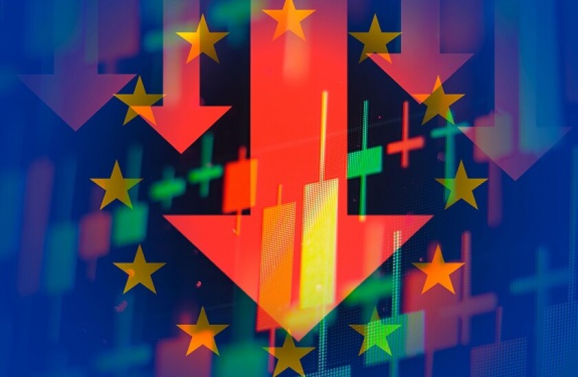 Dropping arrows showing decreasing trend in economy in global crisis or downtrend of stocks on the stock exchange in European Union.