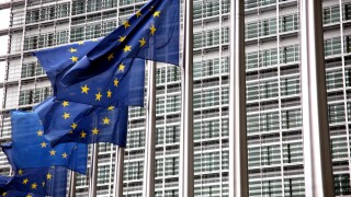 EU flags flying in front of Berlaymont building in Brussels. Image shot 2008. Exact date unknown.