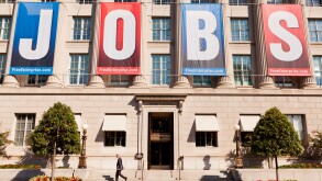 Large JOBS banner on US Chamber Of Commerce Building - Washington, DC USA