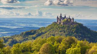 Aerial view of famous Hohenzollern Castle, one of Europe's most visited castles, at sunset, Baden-Wurttemberg, Germany