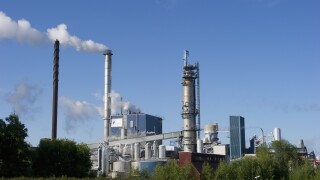 Pulp factory with chimneys, Vallviks Works, Gastrikland, Norrland, Sweden, august