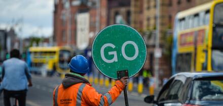A member of a traffic management team seen in Dublin city center during the final days of the COVID-19 lockdown. On Saturday, 8 May 2021, in Dublin, Ireland. (Photo by Artur Widak/NurPhoto)