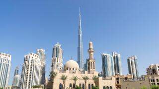 New mosque and view of Burj Khalifa in Downtown Dubai United Arab Emirates