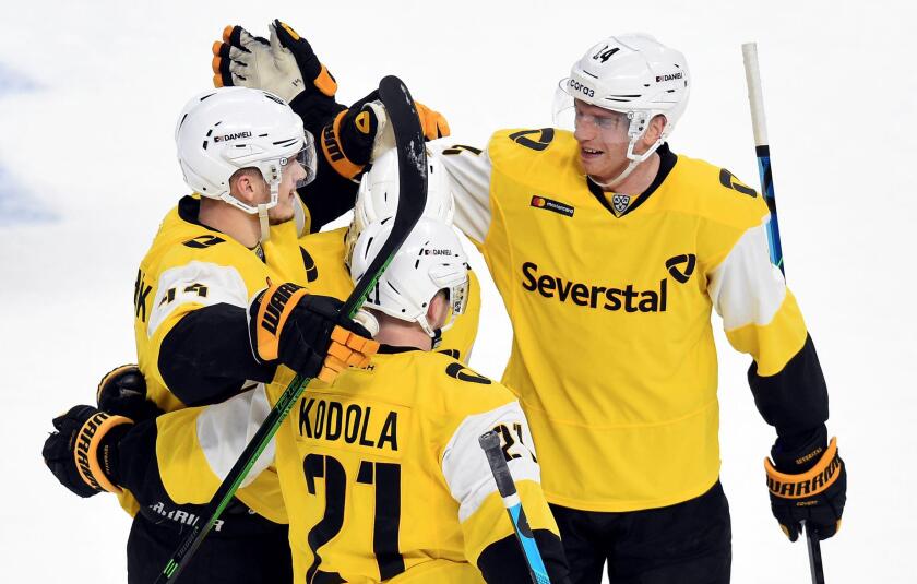 Riga, Latvia. 29th Jan, 2021. Severstal Cherepovet's players celebrate during the 2020-2021 Kontinental Hockey League (KHL) ice hockey match between Dinamo Riga and Severstal Cherepovets in Riga, Latvia, Jan. 29, 2021. Credit: Edijs Palens/Xinhua/Alamy Li