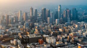 Aerial view, skyscrapers of downtown Los Angeles in the haze, smog, Los Angeles, Los Angeles County, California, USA,