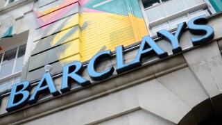 Colourful Barclays Bank building facade, King's Cross, London, UK