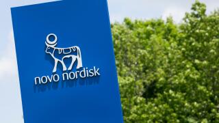 A logo sign outside of a facility occupied by Novo Nordisk in Princeton, New Jersey.