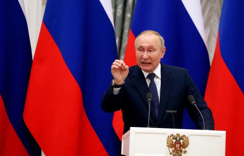 Moscow, Russia. 08th Feb, 2022. Russian president Vladimir Putin holds a joint press conference after meeting with his French counterpart in Moscow, Russia early on February 8, 2022. International efforts to defuse the standoff over Ukraine intensified wi