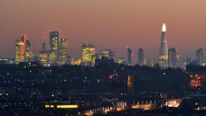 The City of London skyline at dusk, from Alexandra Palace, North London UK