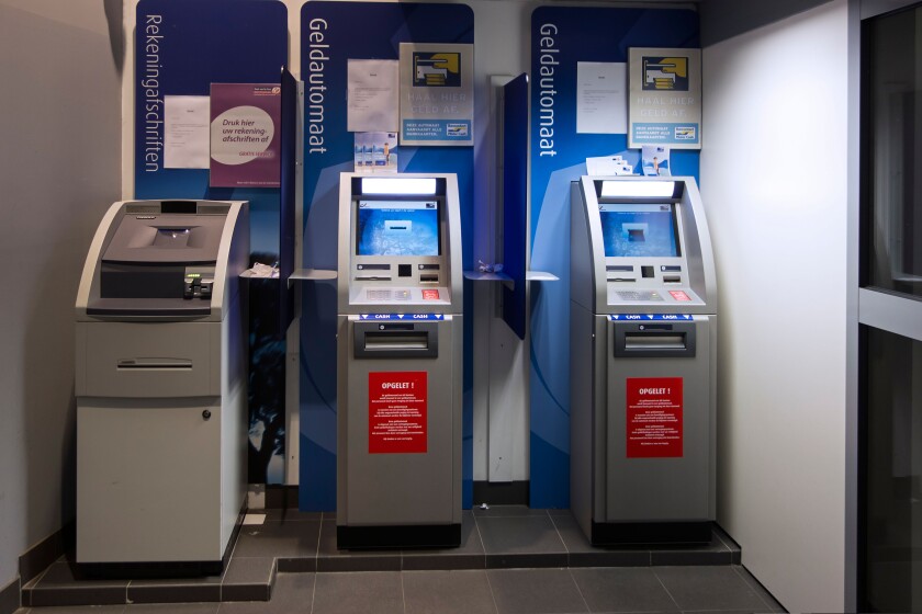 Indoor ATM cash dispensers at cashpoint of the Belgian Bpost bank, Belgium