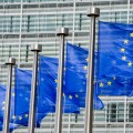 EU flags in front of European Commission in Brussels