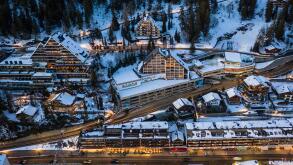 Aerial view of Crans-Montana village center with many like chalet style hotel and residence in Valais, Switzerland