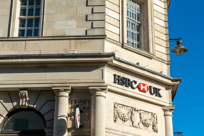 Brighton, England-6 October,2018: HSBC Bank sign in the entrance