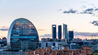 Madrid, Spain - March 7, 2020: View of the skyline of Madrid with Las Tablas residential district, BBVA office building and Cuatro Torres financial di