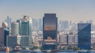 UAE, Dubai, Deira. Hilton Hotel, Emirates NBD bank and Dubai Chamber of Commerce buildings, elevated view