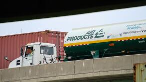 Bronx, NY - September 12, 2023 : Air Products and Chemicals, Inc. tanker truck delivering industrial gas or chemicals on United States highway