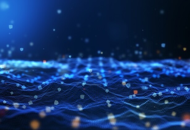 Glow blue digital landscape with cube particle. Crypto currency,