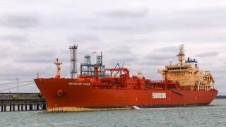 LPG Tanker ship Navigator Yauza from Monrovia, Liberia IMO 9761176 berthed alongside Fawley oil refinery on Southampton Water, Hampshire, UK - Sibur