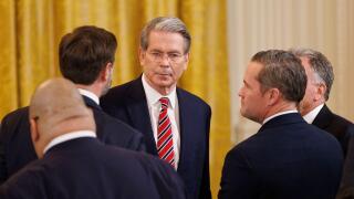 Washington, United States. 24th Feb, 2025. Scott Bessent, US Secretary of the Treasury, is seen during a joint French-American press conference in the East Room of the White House in Washington DC on Monday, February 24, 2025. Emmanuel Macron and other Eu