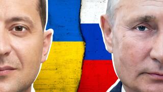 Volodymyr Zelensky, Vladimir Putin, Ukrainian flag and Russian flag
