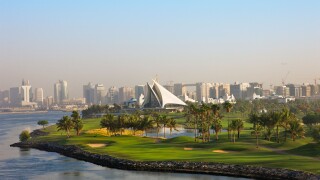Skyline along the Khor Dubai Dubai Creek including Creek Golf Yacht Club Dubai UAE