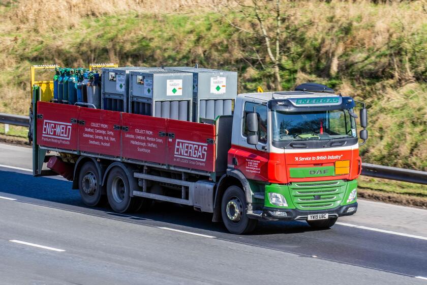 ENERGAS (Air Liquide) compressed nitrogen welding products transported by DAF vehicle; travelling on the M6 motorway, UK