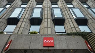 Davy logos seen at the entrance to Davy headquarters in Dawson Street in Dublin. Davy is Ireland's largest stockbroker, wealth manager, asset manager and financial advisor On Monday, 8 March, 2021, in Dublin, Ireland. (Photo by Artur Widak/NurPhoto)