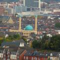 A view of Sheffield city skyline featuring the blue dome of Madina Masjid  (mosque) Wolseley Road Sheffield Yorkshire England UK