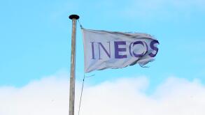 The company flag flies over the Ineos Grangemouth headquarters on the day the company announced the closure of the petrochemical plant