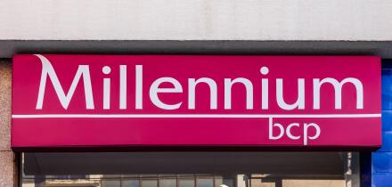 Famalicao, Portugal: Millennium Bcp aka Banco Comercial Portugues logo, symbol or emblem in the facade of bank agency. One of largest private banks